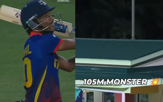 VIDEO: Sompal Kami hits a 105 meter long six against Anrich Nortje, sends the ball straight out of the stadium