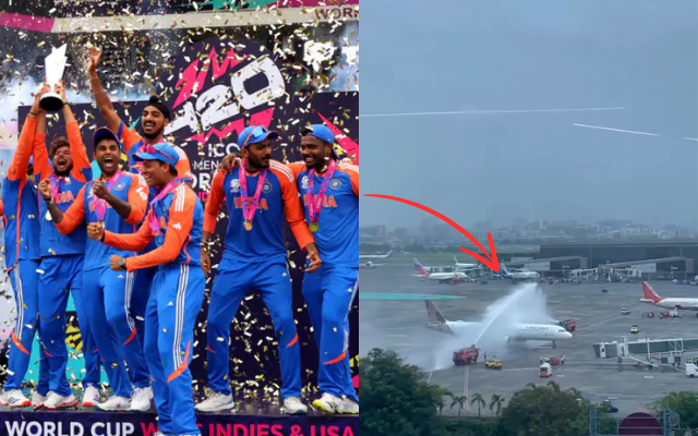 T20 WC 2024 champion Indian cricket team’s flight gets water salute at Mumbai airport, watch video