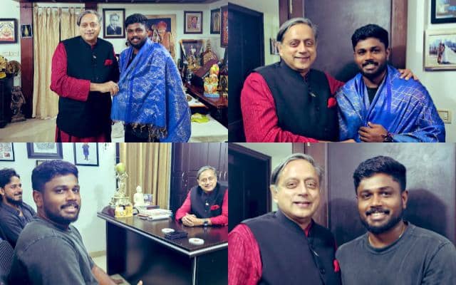 Shashi Tharoor honored centurion Sanju Samson with ‘Ponnada’ in Thiruvananthapuram